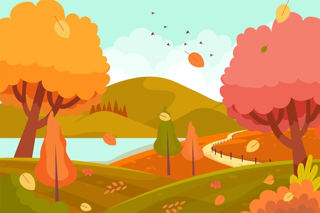 Vector gratuito vista de otoño de diseño plano con árboles
