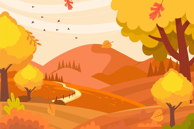 Vector gratuito vista de otoño de diseño plano con hojas