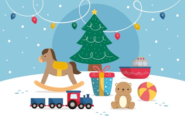 Vista panorámica de la cámara de juguetes navideños dibujados a mano