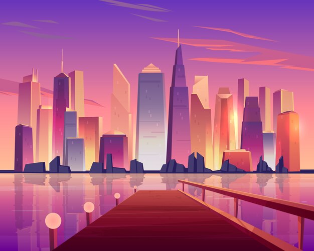 Vista panorámica del horizonte de la ciudad desde el muelle de madera frente al mar iluminado por lámparas y rascacielos futuristas