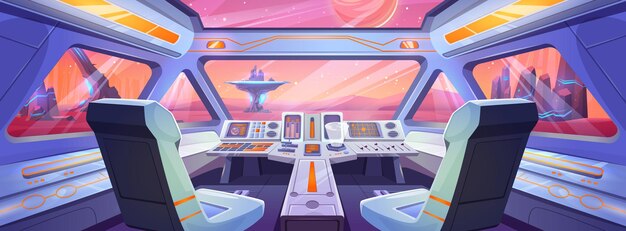 Vista en un planeta alienígena desde la cabina de la nave espacial