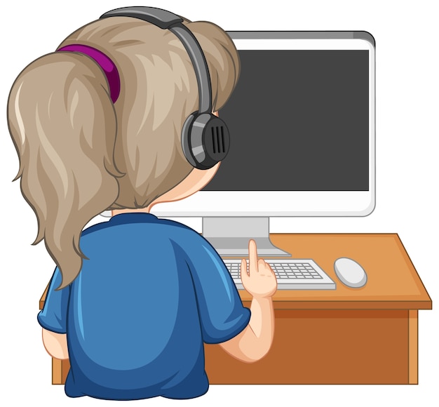 Vista posterior de una niña con computadora en la mesa sobre fondo blanco.