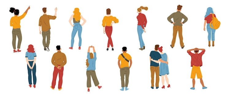 Vector gratuito vista posterior de personas diversas de pie