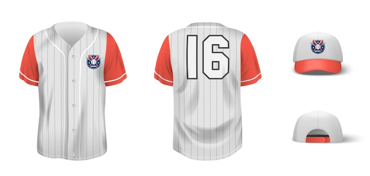 Vector gratuito vista realista delantera y trasera de los elementos de la camisa y la gorra del uniforme de béisbol ilustración vectorial aislada