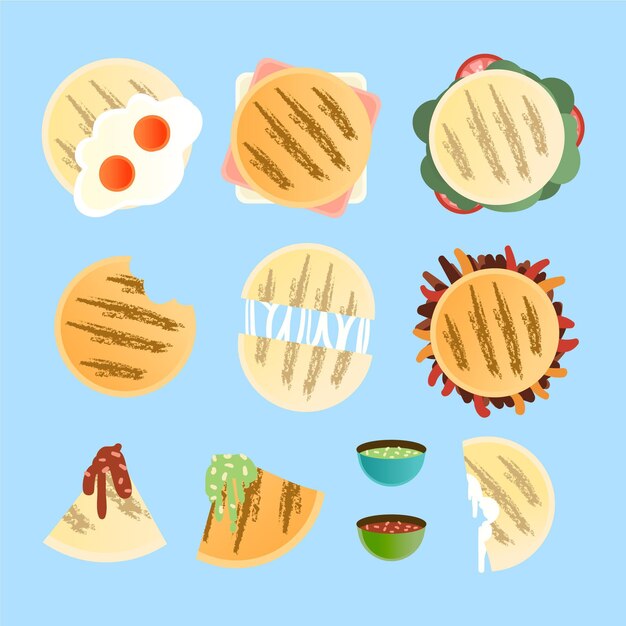 Vista superior de arepas dibujadas a mano
