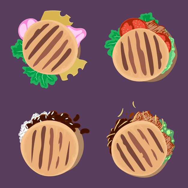 Vista superior de arepas dibujadas a mano