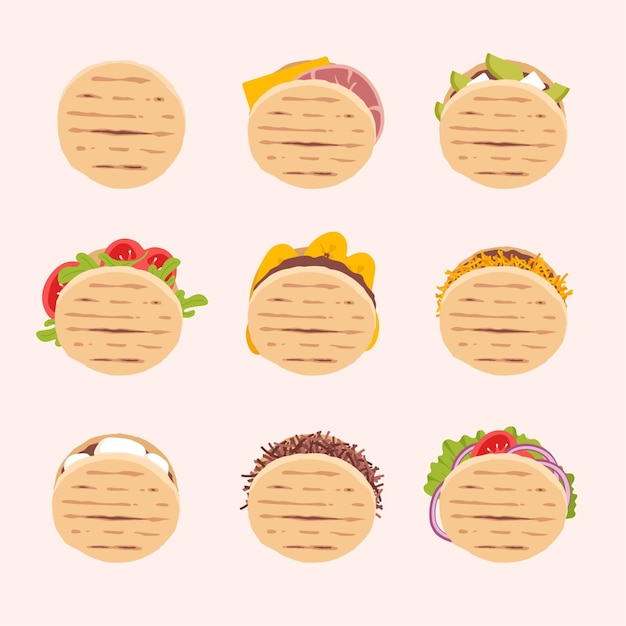 Vista superior de arepas dibujadas a mano