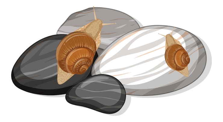 Vector gratuito vista superior de un caracol en hojas de piedras aisladas