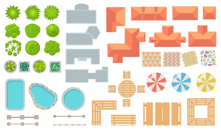 Vector gratuito vista superior del conjunto de iconos planos de elementos de parque y ciudad