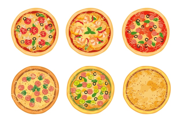 Vista superior del conjunto de ilustraciones de diferentes pizzas.