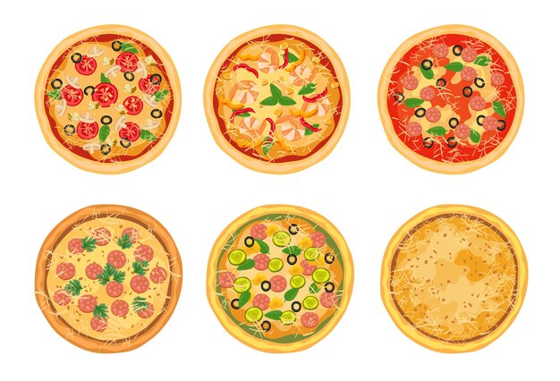 Vista superior del conjunto de ilustraciones de diferentes pizzas.