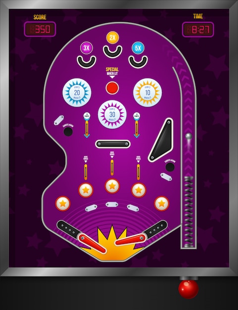 Vector gratuito vista superior de dibujos animados y composición de pinball violeta con elementos electrónicos