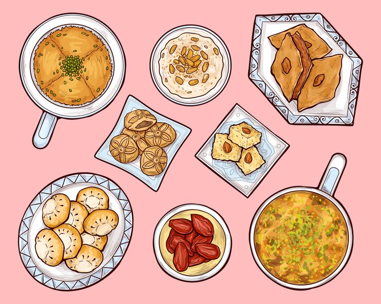 Vector gratuito vista superior de dulces árabes. ramadán árabe cocina comida