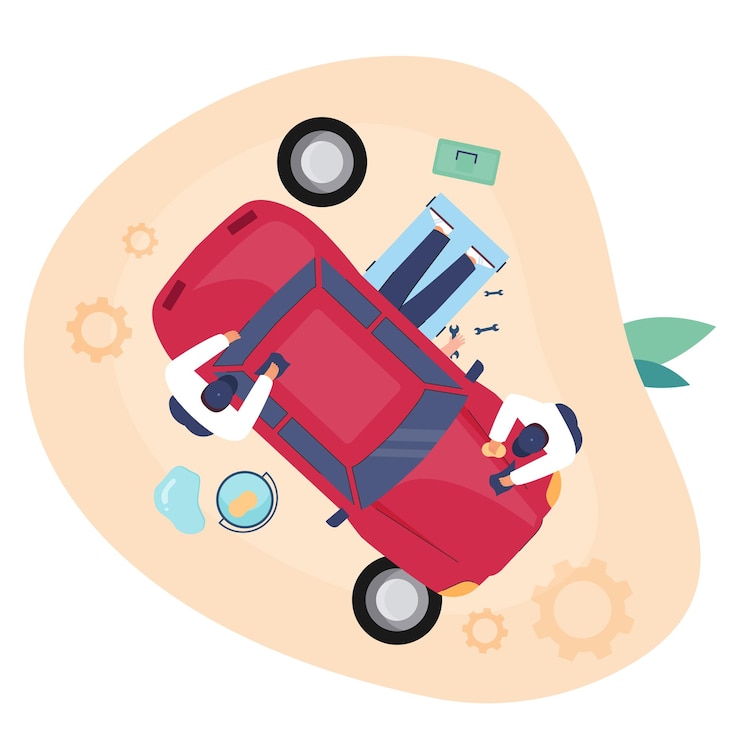 Vector gratuito vista superior del equipo de mantenimiento reparando automóviles. mecánicos o ingenieros con ilustración de vector plano de vehículo. servicio de reparación de automóviles, concepto de trabajo en equipo para banner, diseño de sitio web o página web de destino