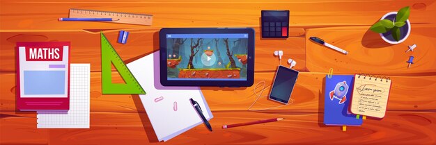 Vista superior del escritorio de la escuela del estudiante con tableta y juego