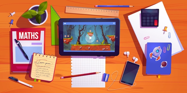 Vector gratuito vista superior del escritorio del estudiante, mesa de trabajo en casa del adolescente con tableta de papelería de estudio con juego de computadora