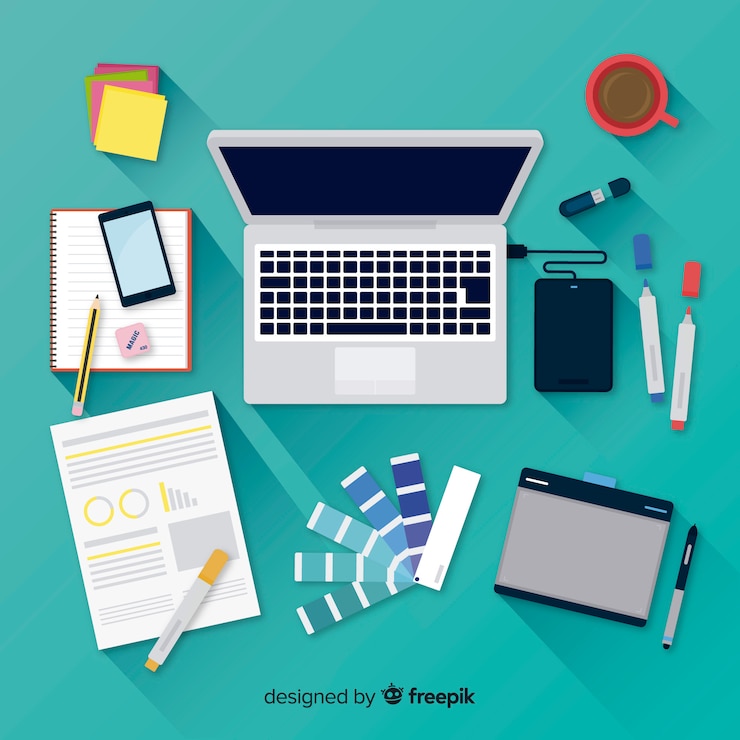 Vector gratuito vista superior de un escritorio de oficina profesional