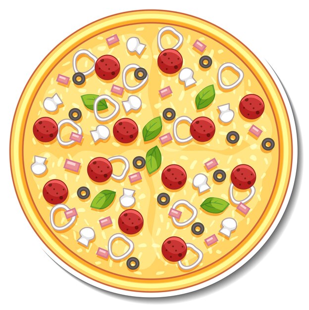 Vista superior de la etiqueta engomada de la pizza italiana sobre fondo blanco.