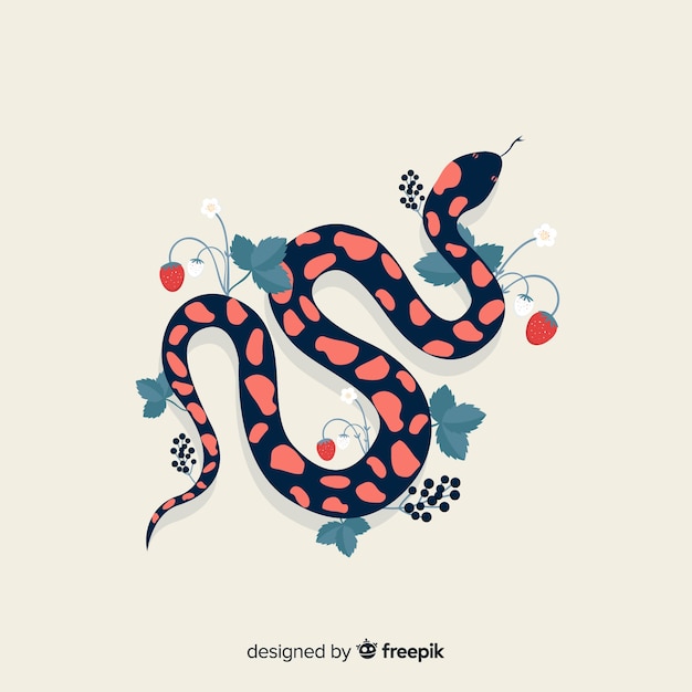 Vista superior fondo serpiente con flores dibujada a mano