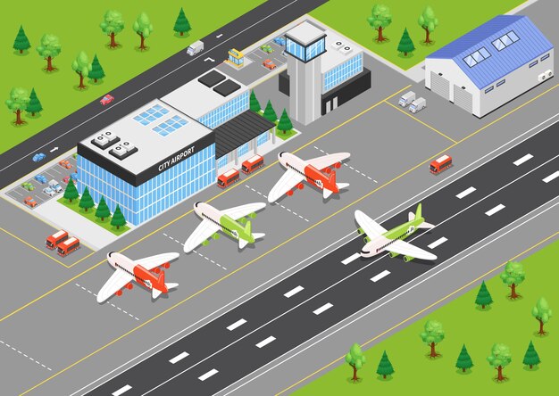 Vista superior de la ilustración isométrica del aeropuerto con aviones de construcción de terminales en aeródromos y pistas