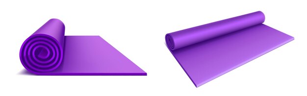 Vista superior y lateral de la estera de yoga, colchón enrollado de color púrpura para ejercicios de fitness, estiramiento, meditación, entrenamiento deportivo en el piso, alfombra de aeróbicos plana aislada