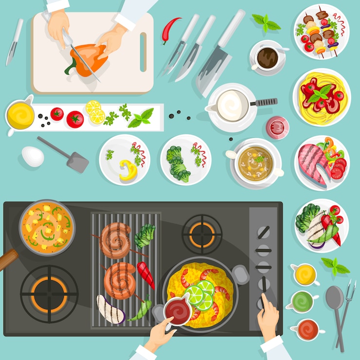 Vector gratuito vista superior del lugar de trabajo del chef