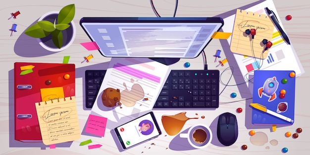 Vista superior del lugar de trabajo desordenado, escritorio de oficina desordenado, espacio de trabajo con café derramado desordenado