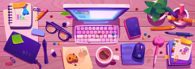 Vista superior del lugar de trabajo desordenado Ilustración de dibujos animados vectoriales del espacio de trabajo desordenado en el escritorio migas en el teclado de la computadora manchas pegajosas en la mesa café derramado en papeles bolígrafos y lápices esparcidos en la superficie