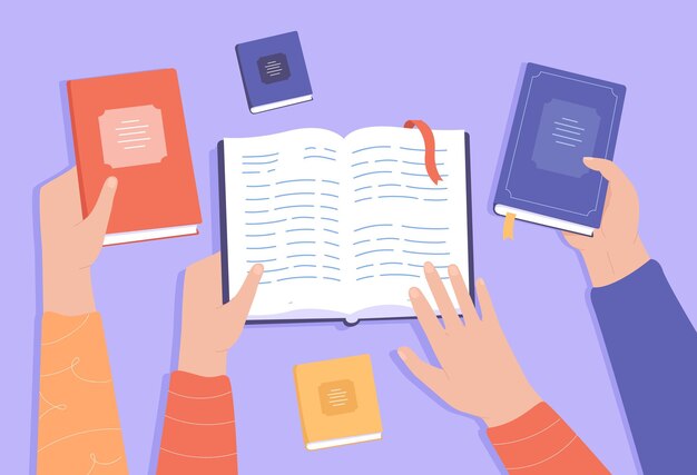 Vista superior de manos sosteniendo diferentes libros. Gente aprendiendo o estudiando en la ilustración de vector plano de biblioteca. Educación, concepto de conocimiento para banner, diseño de sitio web o página web de destino