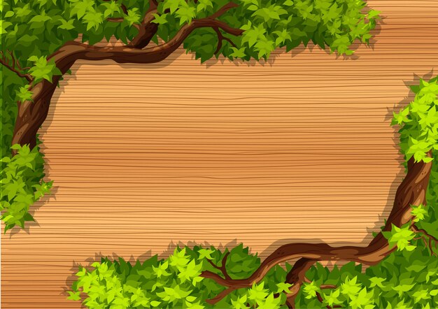 Vista superior de la mesa de madera en blanco con elementos de hojas