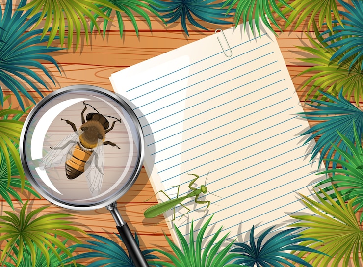 Vector gratuito vista superior del papel en blanco sobre la mesa con elementos de hojas e insectos
