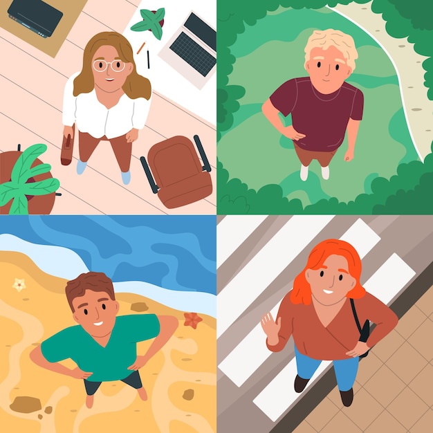 Vector gratuito vista superior de personas planas 2x2 con hombres y mujeres felices mirando hacia arriba en diferentes lugares ilustraciones vectoriales aisladas