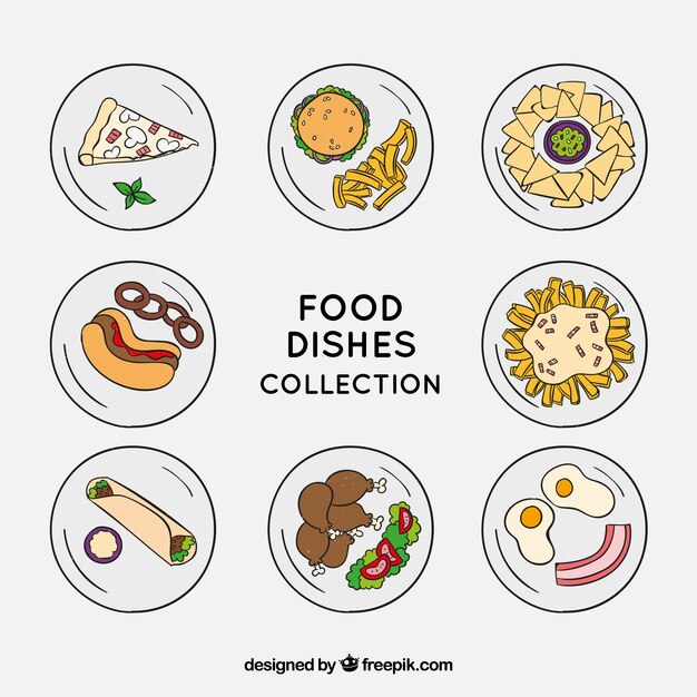 Vista superior de platos de comida dibujados a mano