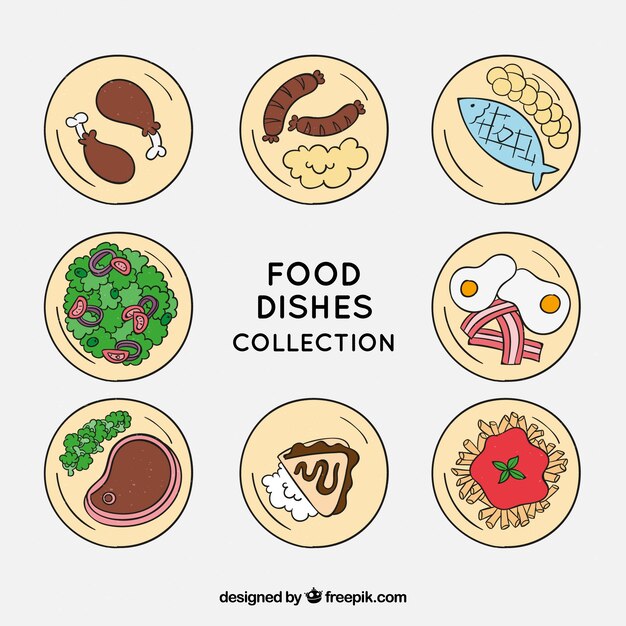 Vista superior de platos de comida dibujados a mano