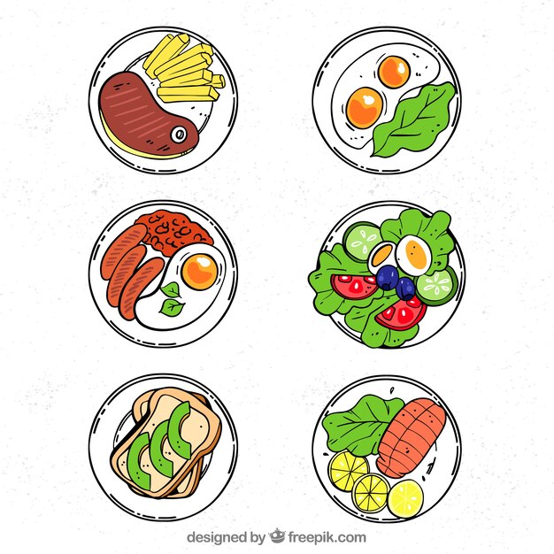 Vista superior de platos de comida dibujados a mano