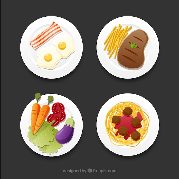 Vista superior de platos de comida con diseño plano