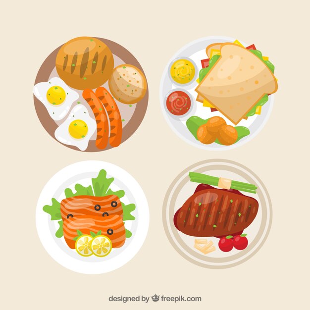 Vista superior de platos de comida con diseño plano