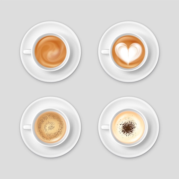 Vista superior realista con café en tazas en platillos aislados
