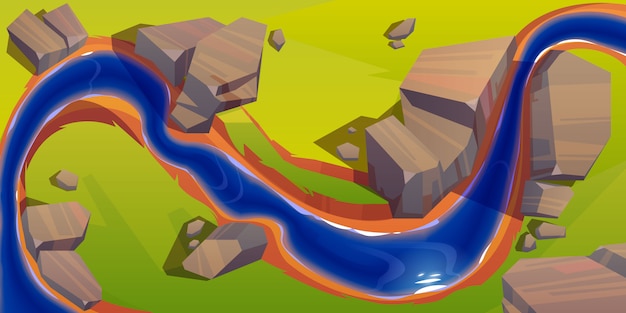 Vista superior del río, curva del lecho del río con agua azul