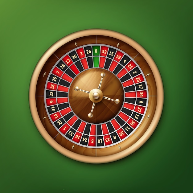 Vista superior de la rueda de la ruleta del casino realista del vector aislada en la mesa de póquer verde