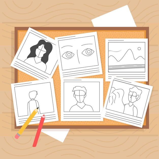 Vista superior de varias historias con dibujos.
