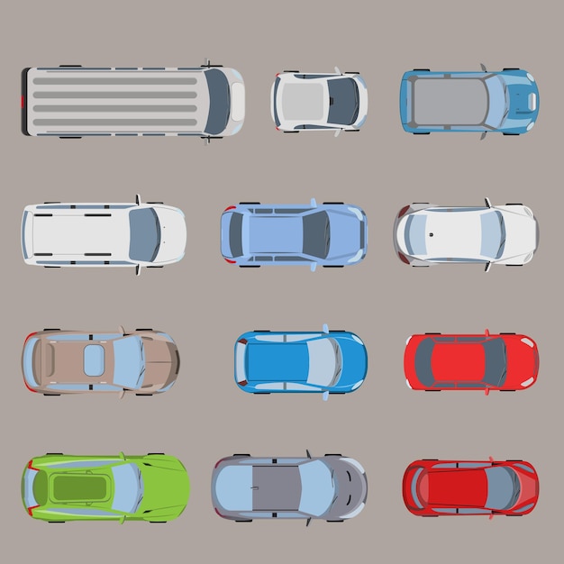Vista superior vehículo de transporte por carretera automóvil van bus micro SUV sedán vagón camión roadster conjunto de iconos de coche deportivo.