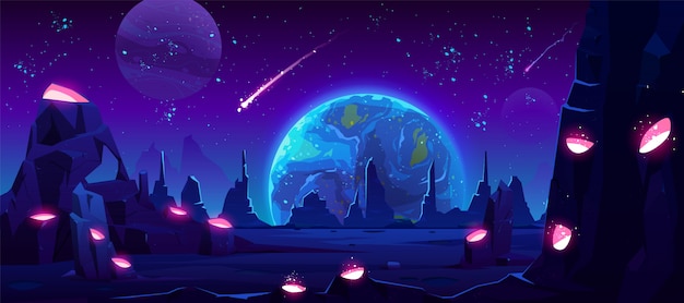 Vista de la tierra por la noche desde el planeta alienígena, espacio de neón