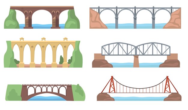 Vistas panorámicas con puentes establecidos. Construcciones de arcos, acueductos, ríos, acantilados, paisajes aislados. Ilustraciones vectoriales planas para arquitectura, hito, concepto de transporte