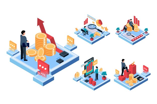 Visual con el joven empresario tiene un plan de reunión para trabajar y crear un objetivo financiero. Concepto de trabajo de tecnología, ilustración isométrica