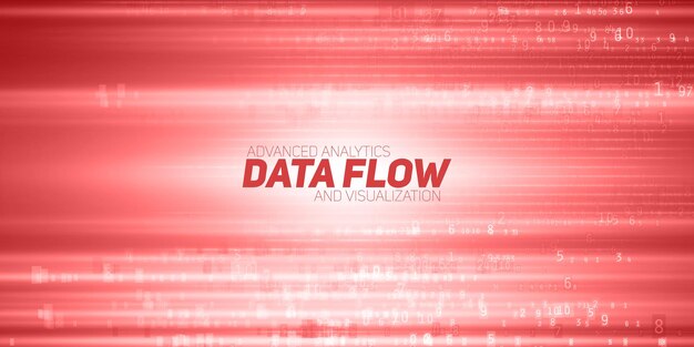 visualización abstracta de big data. Flujo rojo de datos como cadenas de números. Representación del código de información. Análisis criptográfico. Bitcoin, transferencia de blockchain. Flujo de fondo de datos codificados