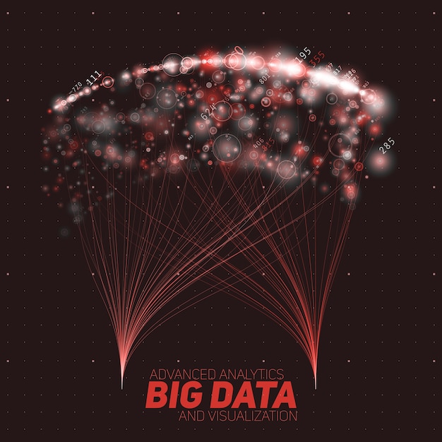 Visualización abstracta de big data. Rayos rojos brillantes abstractos.