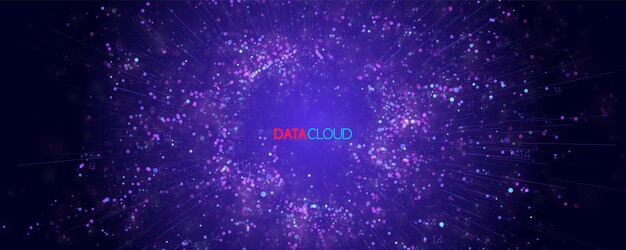 Visualización de Big Data en la nube. Infografía futurista Informática en la nube. Complejidad de datos visuales. Análisis de gráficos de negocios complejos. Representación de redes sociales. Gráfico de datos abstractos.