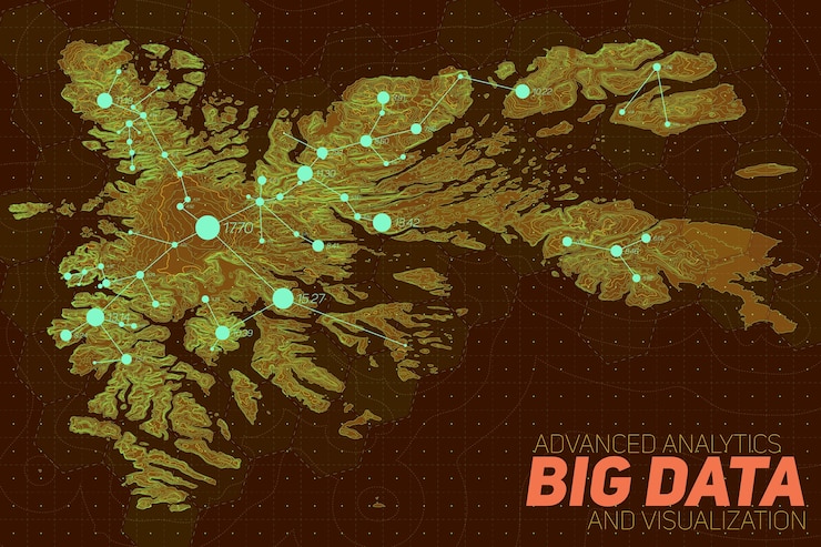 Vector gratuito visualización de big data del terreno. infografía de mapa futurista. visualización gráfica de datos topográficos complejos. datos abstractos sobre gráfico de elevación. imagen colorida de datos geográficos.