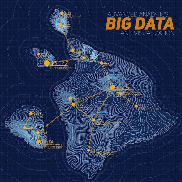 Vector gratuito visualización de big data del terreno. infografía de mapa futurista. visualización gráfica de datos topográficos complejos. datos abstractos sobre gráfico de elevación. imagen colorida de datos geográficos.